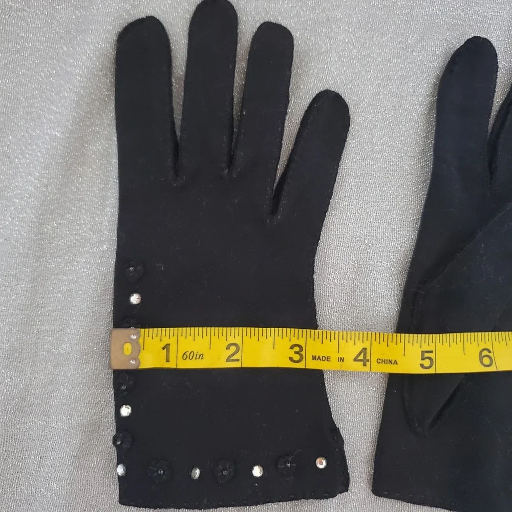 Vintage Black‎ Formal Gloves Rhinestone Floral Embellished Wrist Length Evening